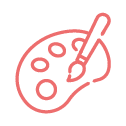 A pink line drawing of an artist's palette with a paintbrush represents the motivation to create. The palette features four circular wells on the left, and the brush is angled across from the top right corner, all set against a transparent background.