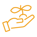 An outline of a hand holding a small plant with two leaves, depicted in orange on a transparent background, serves as a visual motivation for growth and new beginnings.