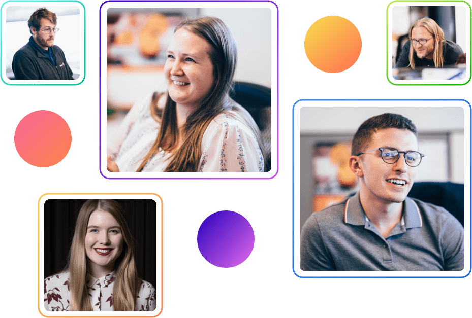 A collage of four people smiling, each in their own framed section, embodies the joy of flourishing careers. The background bursts with overlapping colorful gradient circles in pink, orange, and purple hues, infusing a lively and energetic feel.