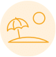 A simple yellow line drawing depicts a serene beach scene with an umbrella, sun, and sand, offering the perfect escape from busy careers. The artwork is elegantly set against a round, light beige background.