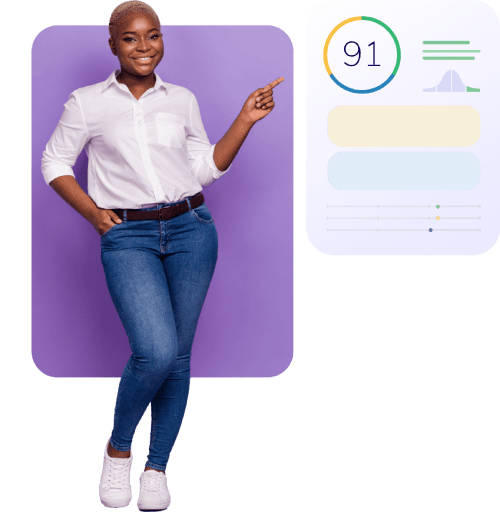 A smiling person in a white shirt and jeans stands against a purple background, pointing at a digital graphic. The graphic, reminiscent of the Wonderlic test charts, displays "91" with various data visualizations.