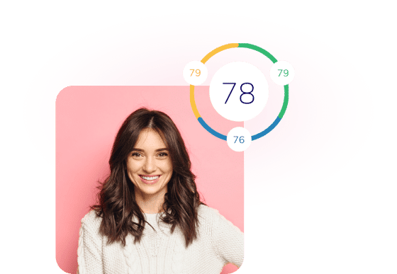A smiling woman with dark hair in a white sweater stands against a pink background. Nearby, a circular graphic displays a Wonderlic score of 78, surrounded by smaller numbers—79, 79, and 76—all linked by colorful segments.