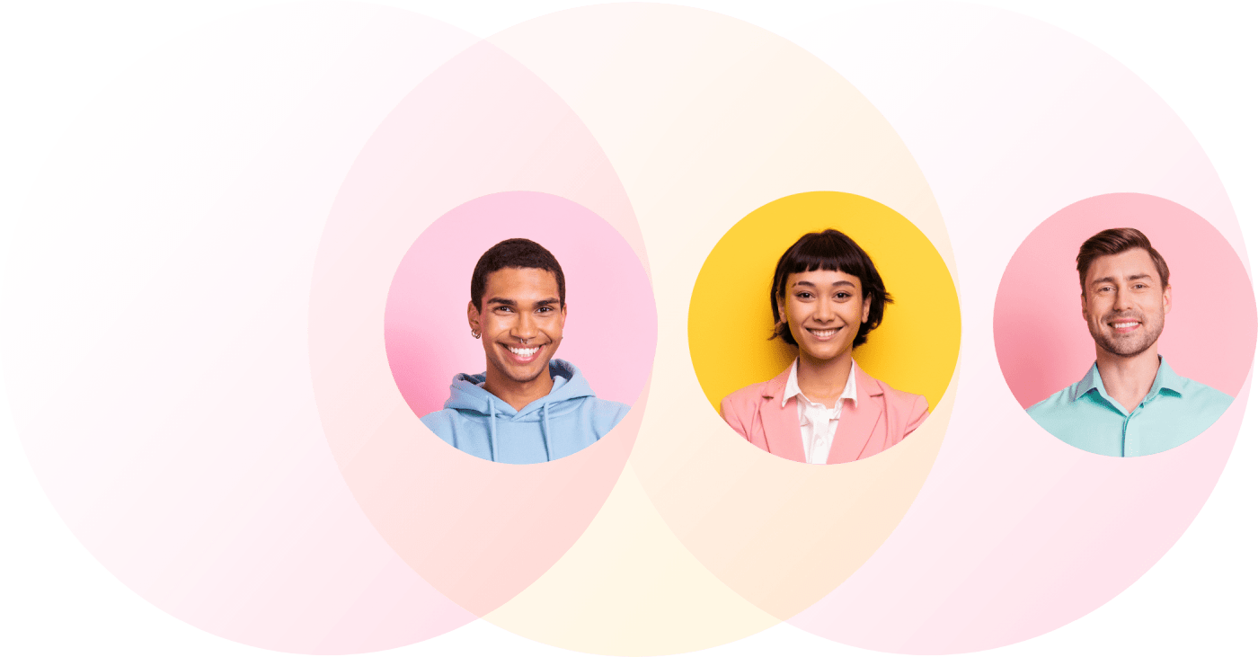 Three people are smiling, each framed by overlapping pink and yellow circles. The left person sports a blue hoodie, the middle a pink blazer, and the right a turquoise shirt. The Wonderlic-inspired background dazzles with gradient pink tones that add an extra layer of intrigue.