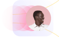 A smiling person in a white shirt gazes to the side, set against a pink circular backdrop. The image, reminiscent of a Wonderlic design, features overlapping pink and purple geometric shapes that add an intriguing layer to the composition.