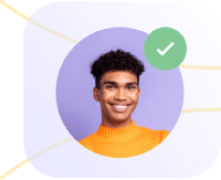 A person with short curly hair smiles at the camera, exuding confidence akin to acing a Wonderlic test. They're sporting an orange sweater against a light purple backdrop with a green check mark in a white circle, complemented by abstract line designs.