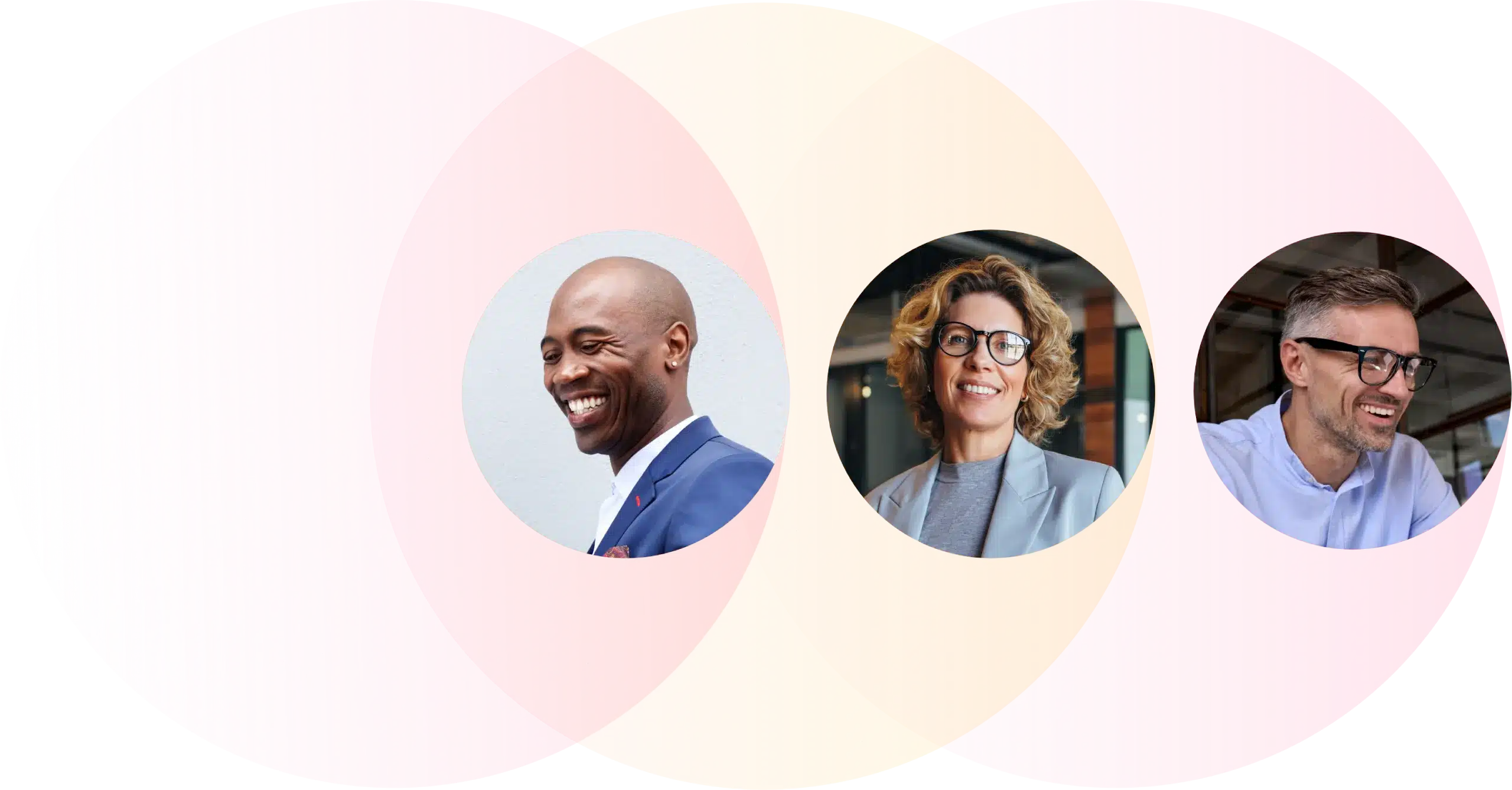 Three overlapping circles, each containing a headshot. From left to right: a man in a suit smiling, a woman with curly hair and glasses smiling, and a man with glasses and a beard laughing. The circles overlap with gradient shades of pink and yellow, symbolizing HR tech partnerships.
