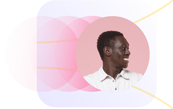 A man in a white shirt smiles and looks to the side against a pink background, reminiscent of someone contemplating the Wonderlic Test. The image is adorned with abstract pink and purple circular shapes intersected by playful yellow lines.