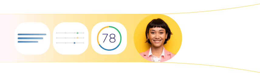 A graphic featuring elements of the Wonderlic Test includes three icons and a photo. The icons display horizontal lines, sliders with settings, and the number 78 within a circle. The image showcases a smiling person with short hair against a yellow background.