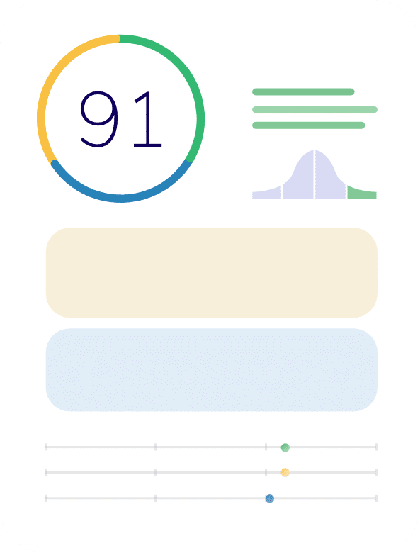 A colorful infographic illustrates a circular chart featuring the number 91, graphic lines, a bell curve, and two rectangular text boxes, reminiscent of a Wonderlic Test report. Below, three horizontal lines with small colored circles mark various points.