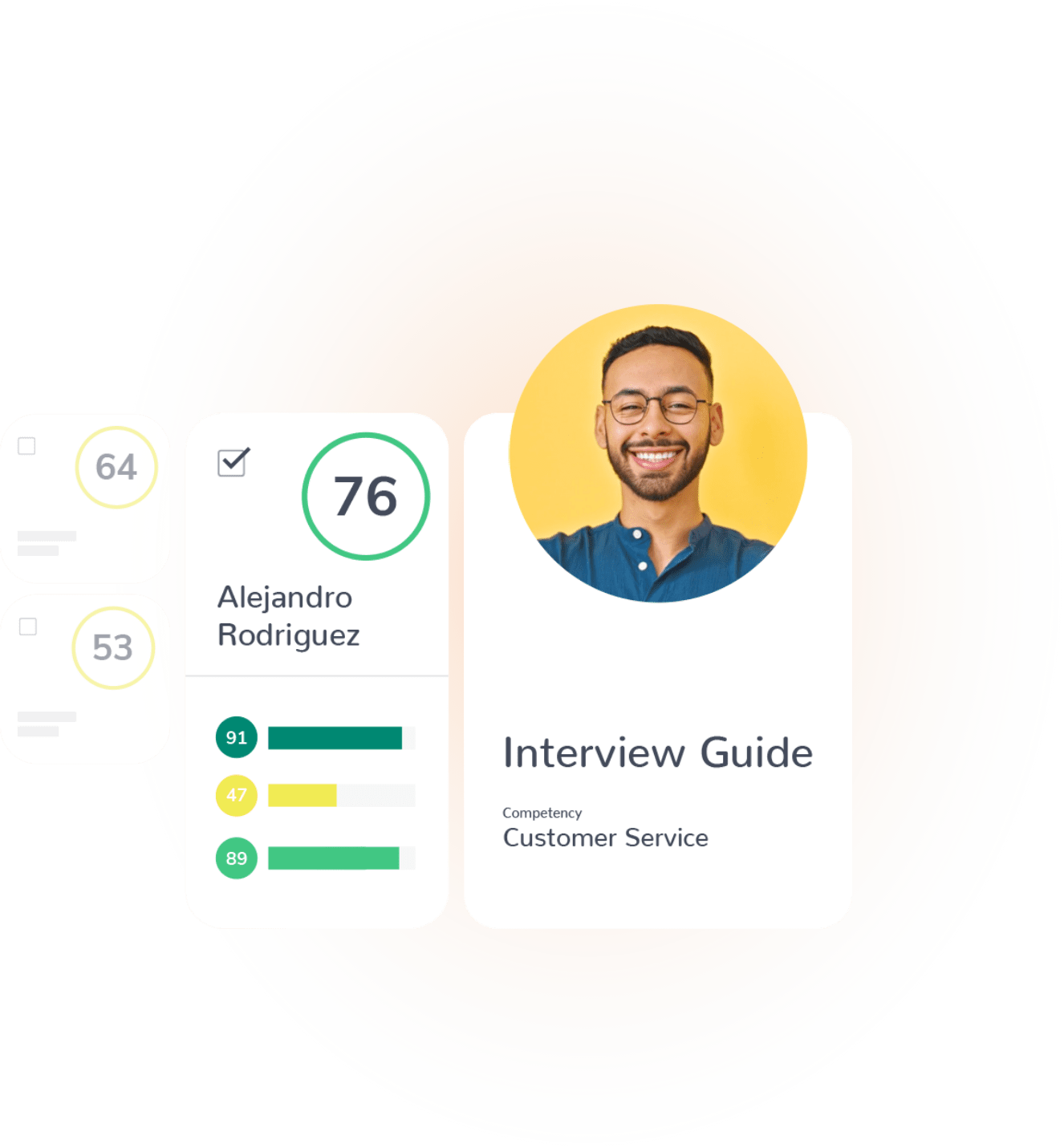 A digital card features a smiling person next to a score of 76, identified as "Alejandro Rodriguez" with scores of 64 and 53. Below, a bar graph displays scores: 91, 47, and 89. The text reads "Interview Guide: Competency Customer Service," incorporating the Wonderlic Test insights.