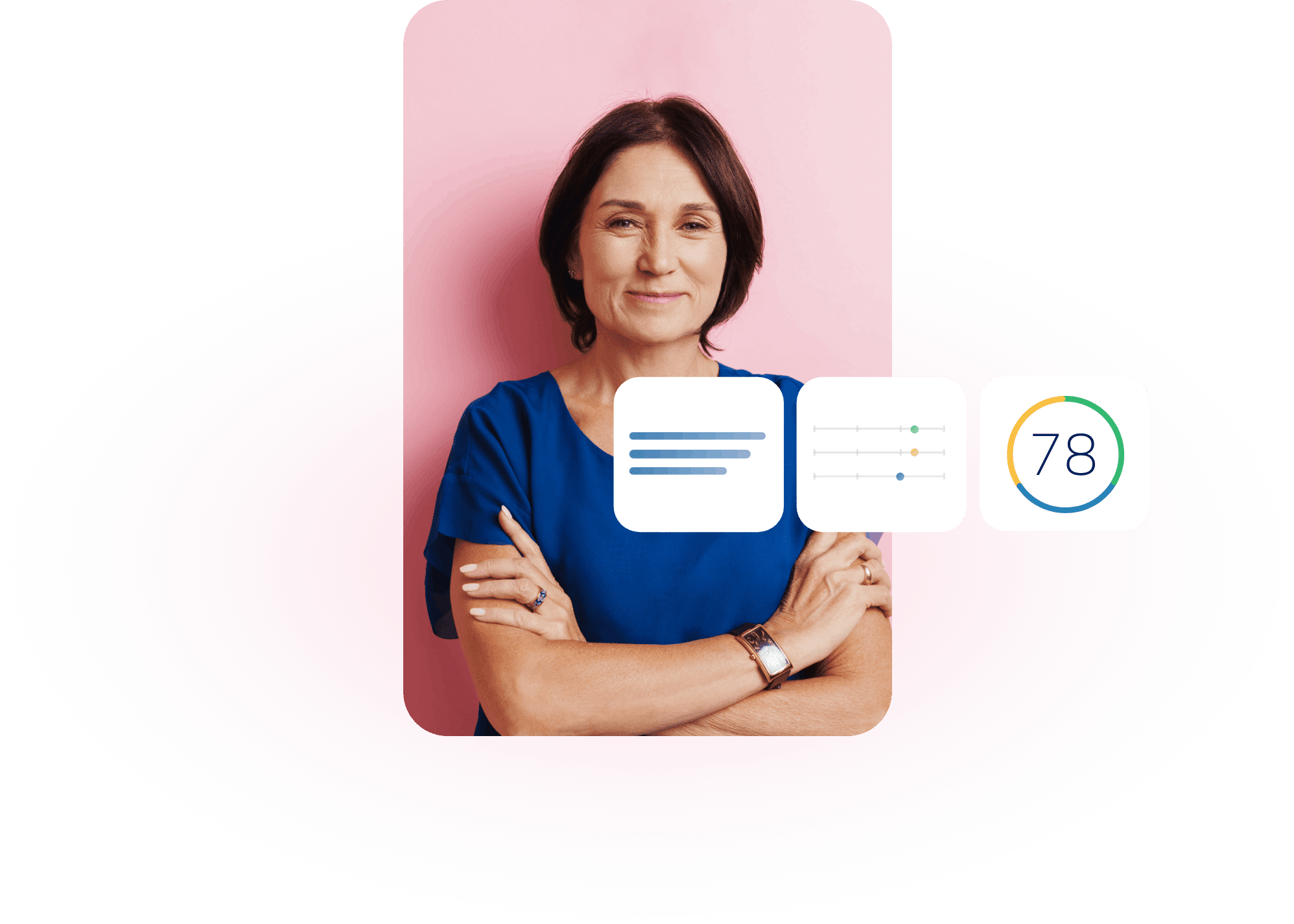A woman in a blue shirt stands confidently with arms crossed against a pink background. Overlay graphics include a speech bubble, slider bars, and the number 78 inside a colorful circle, reminiscent of Wonderlic Test scores.