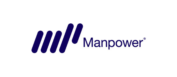 The image shows the logo of Manpower. It features three parallel diagonal lines and a fourth line at a different angle, all in dark blue, followed by the word "Manpower" in matching dark blue text. Get started with a Wonderlic demo to explore their innovative solutions today.